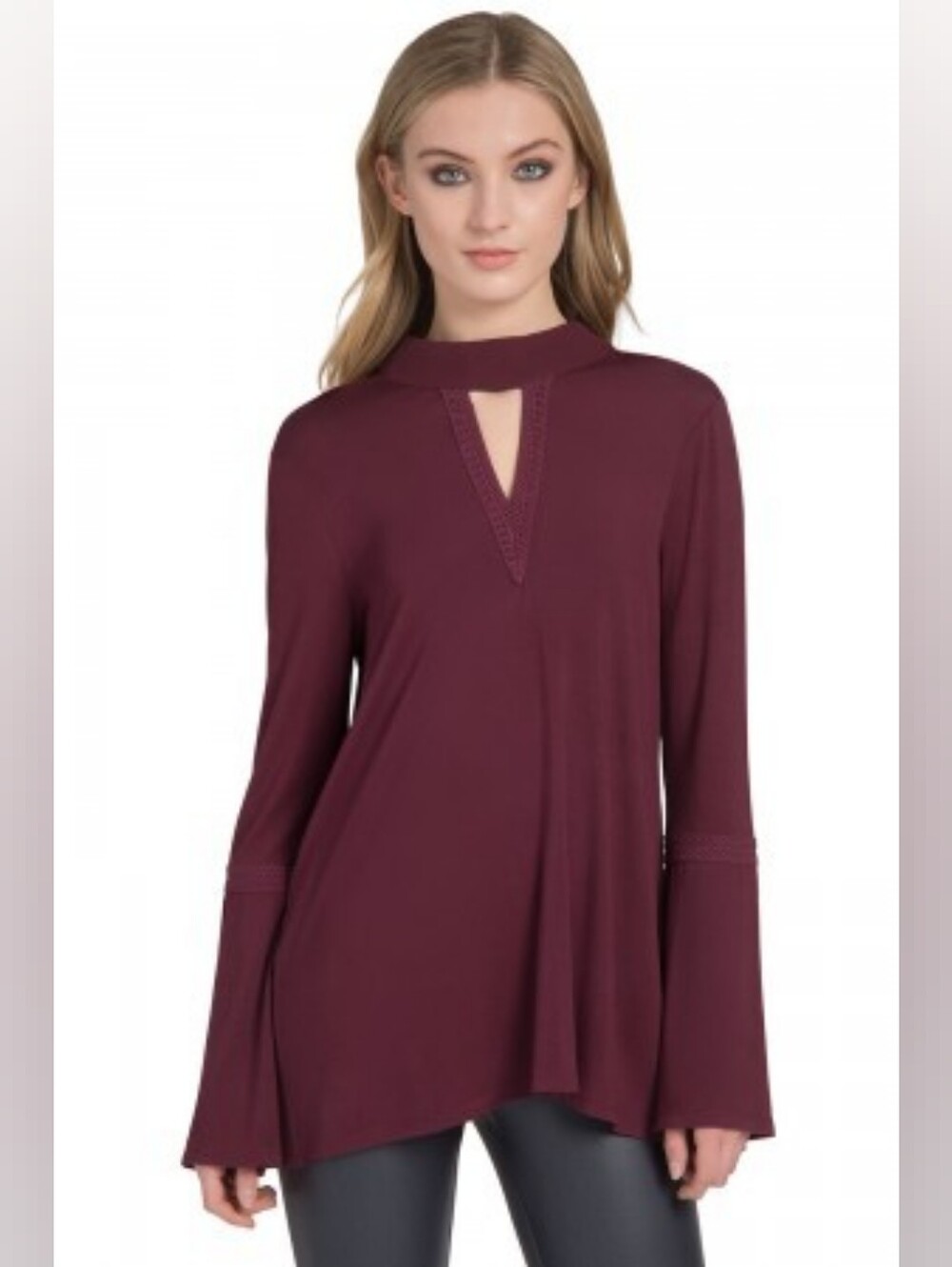 Lysse Ainsley Bell Sleeve Macrame Tie Neck V-neck Top In Maroon Burgundy Size XL